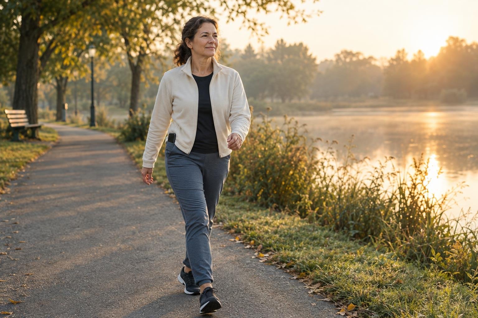 A middle-aged person in casual running clothes walking briskly on a quiet park path in soft early morning light