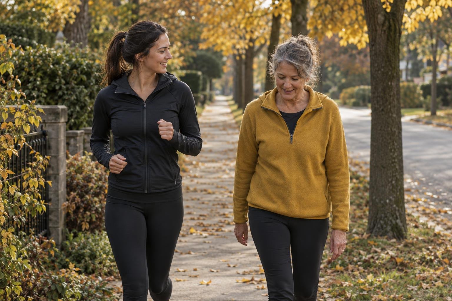 Two friends of different ages jogging slowly side by side on a tree-lined suburban pavement, one slowing to a walk, autu