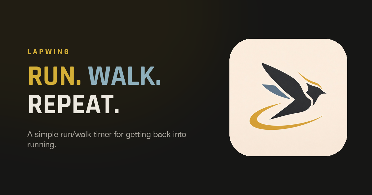 Lapwing app logo with the tagline Run. Walk. Repeat., a simple run/walk interval timer
