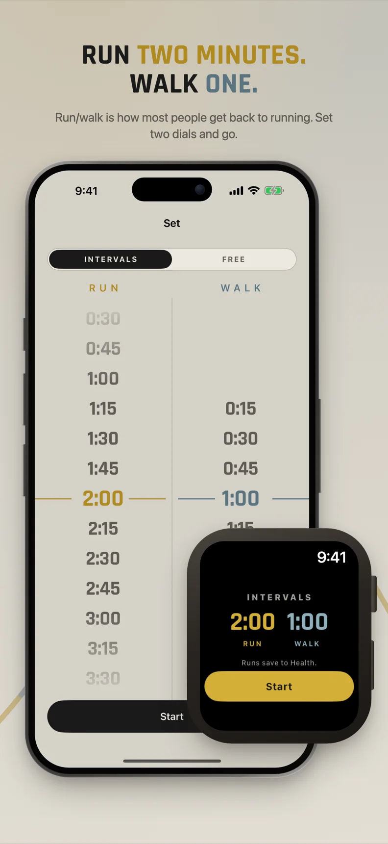 Run two minutes, walk one: the run and walk dials on the iPhone, with the Apple Watch start screen in front