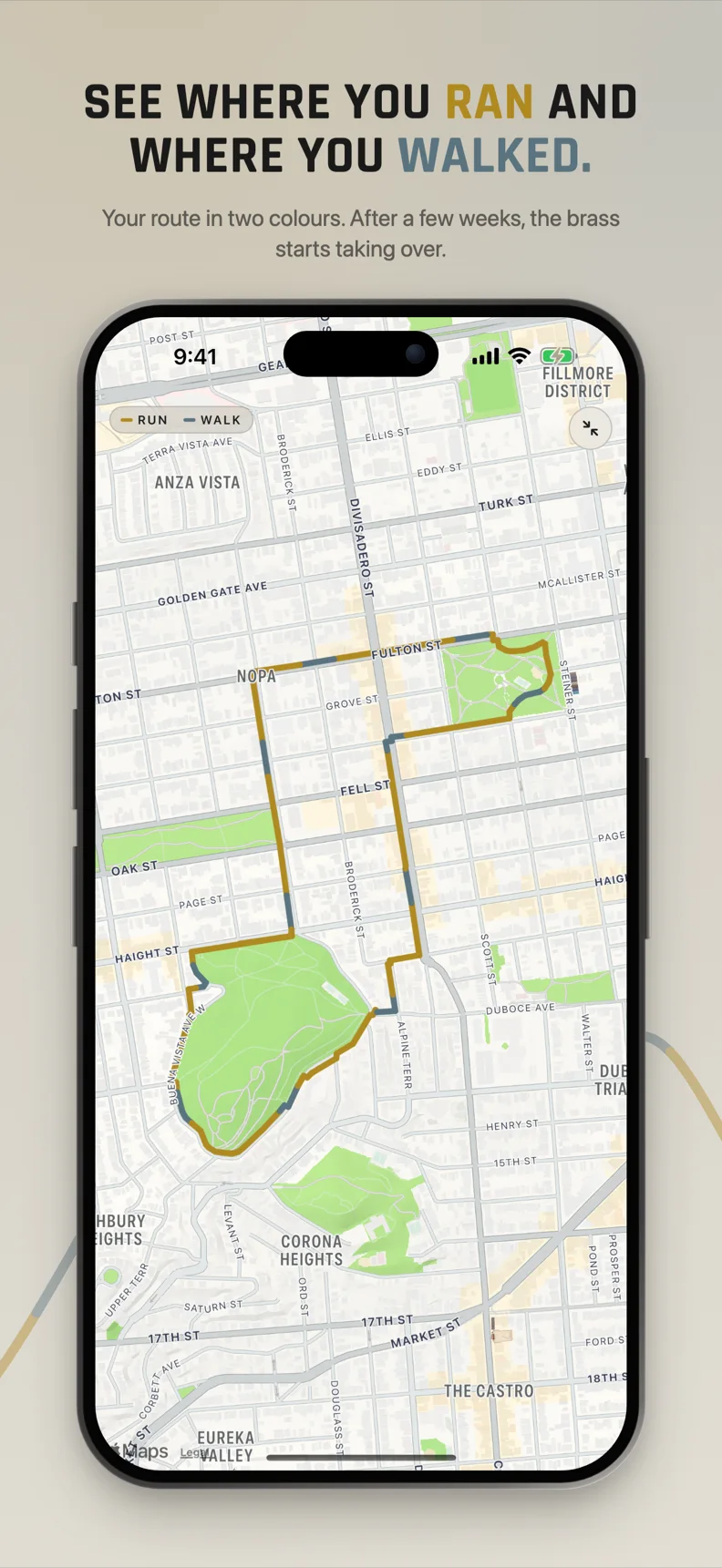 The route of a finished run, drawn in brass where you ran and steel where you walked