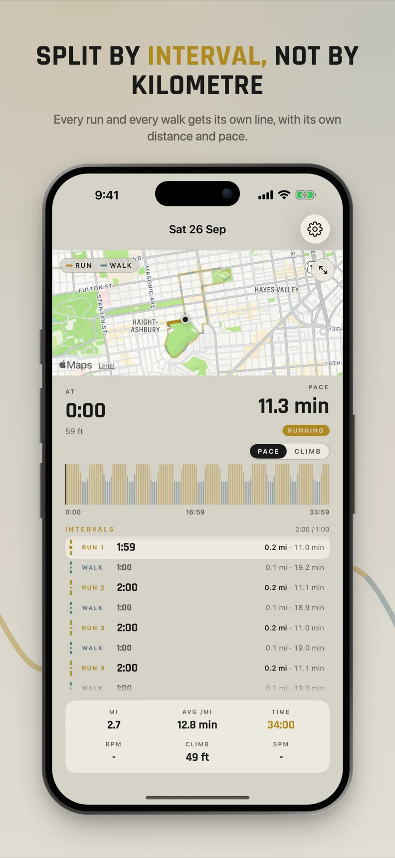 A finished run broken into its intervals, with distance and pace for each one