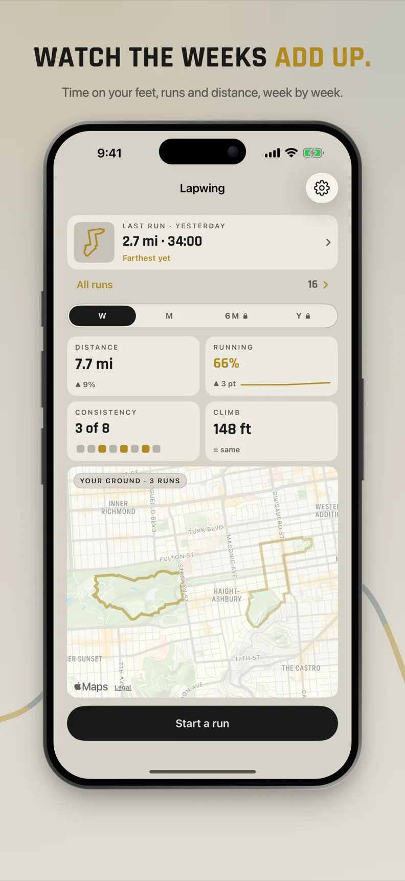 The home dashboard: the last run, distance, running share, consistency and climb for the week, and a map of every route